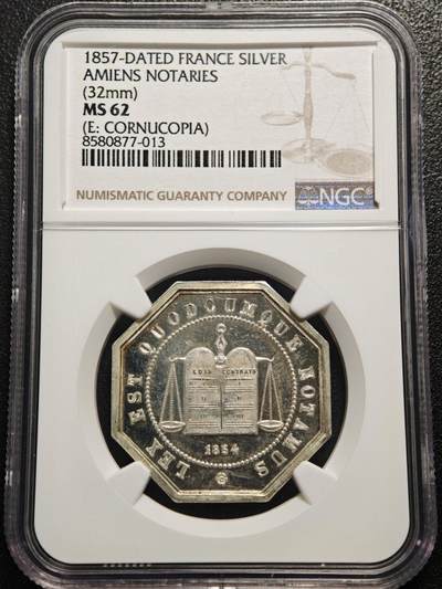 【德藏】世界币章拍卖第159期(元旦专场拍卖) - 1854年 法国亚眠公证处纪念银章八角代用币 NGC MS62类镜面底板 原光极强