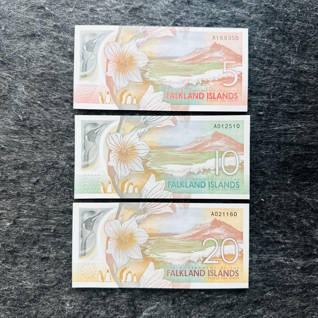 🇫🇯🇫🇰2530￥￥福克兰群岛2025年和斐济2026年全套Polymer塑料钞 350-510-160 尾0