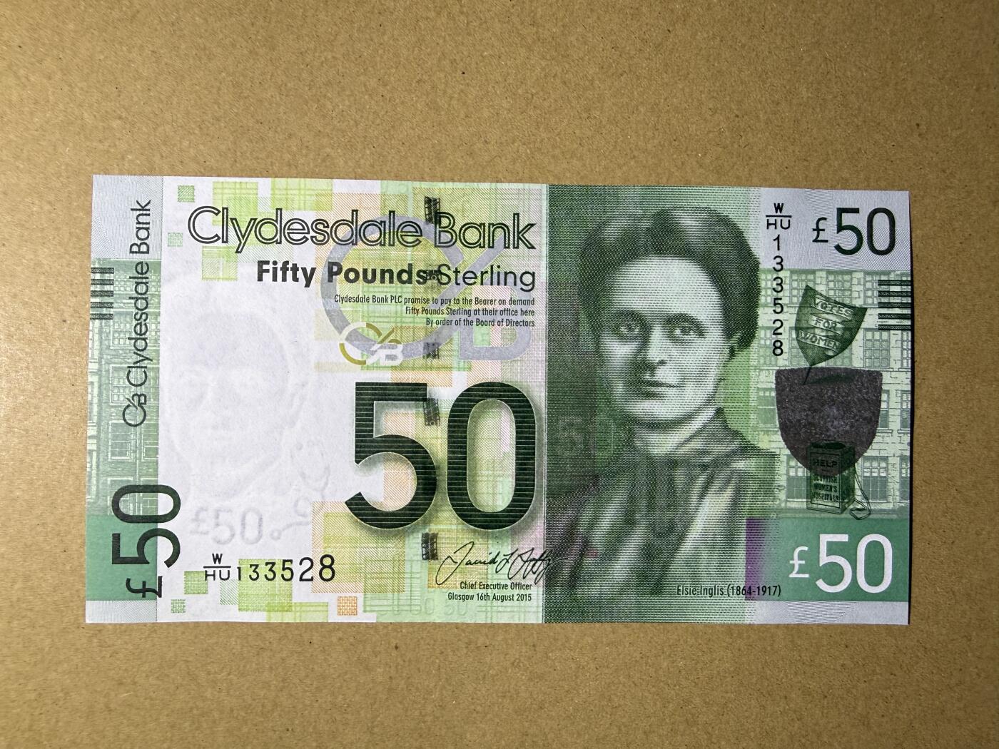 《艾美收藏》第226期-12.28周日外币精品场-蛇年收官 苏格兰50镑 UNC 克莱斯戴尔银行 2015年 苏格兰外科女医师因格丽斯 无47尾8