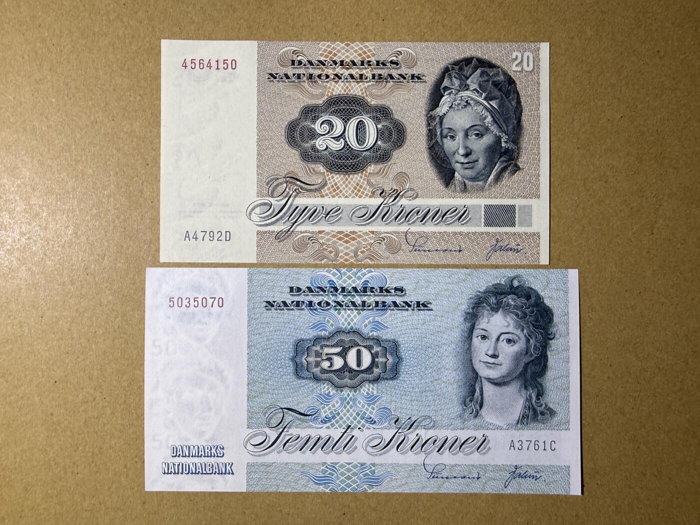 《艾美收藏》第226期-12.28周日外币精品场-蛇年收官 丹麦20、50克朗2张 UNC 动物版