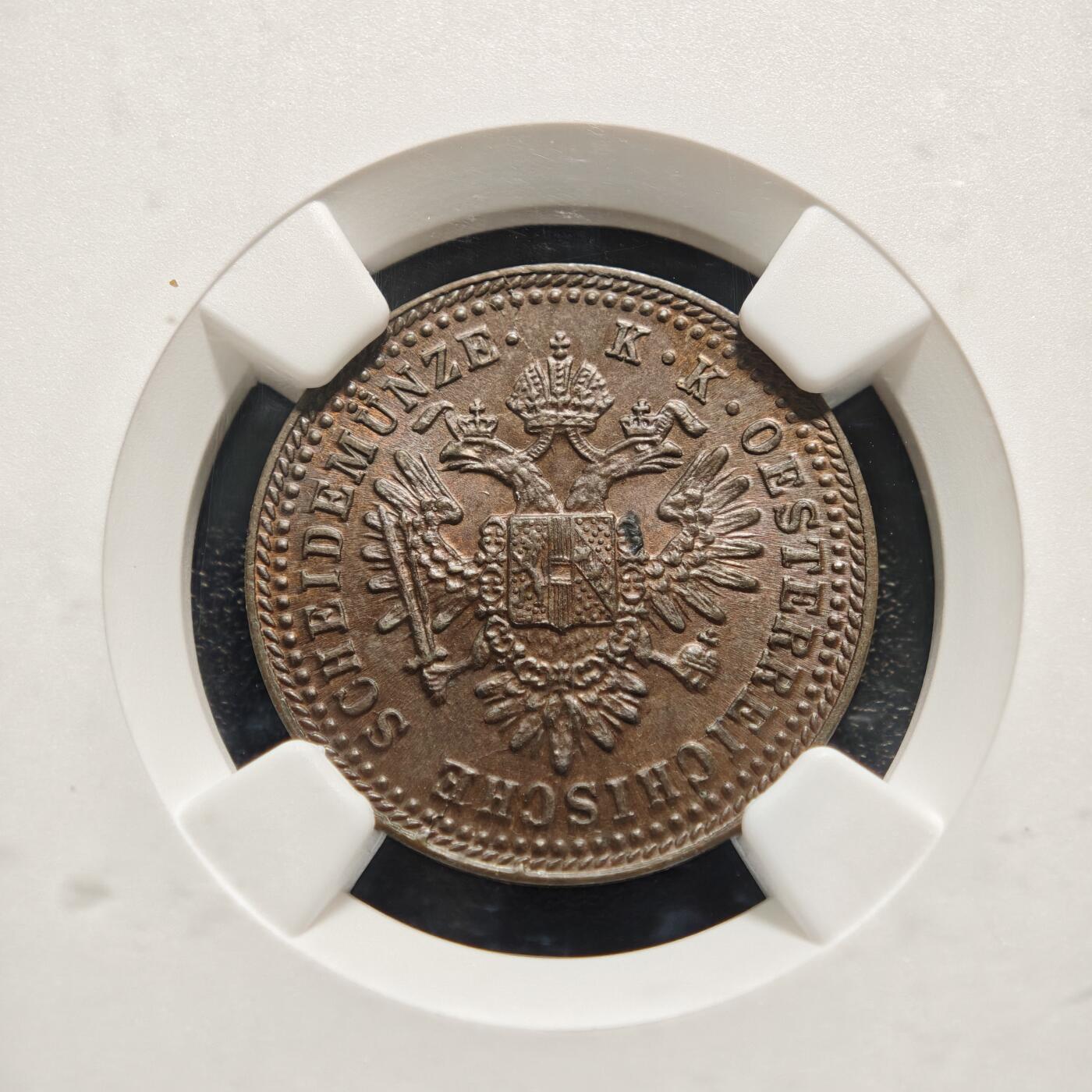 【德藏】世界币章拍卖第159期(元旦专场拍卖) 1851年 奥地利帝国1克罗伊泽铜币 NGC MS62BN 状态极佳