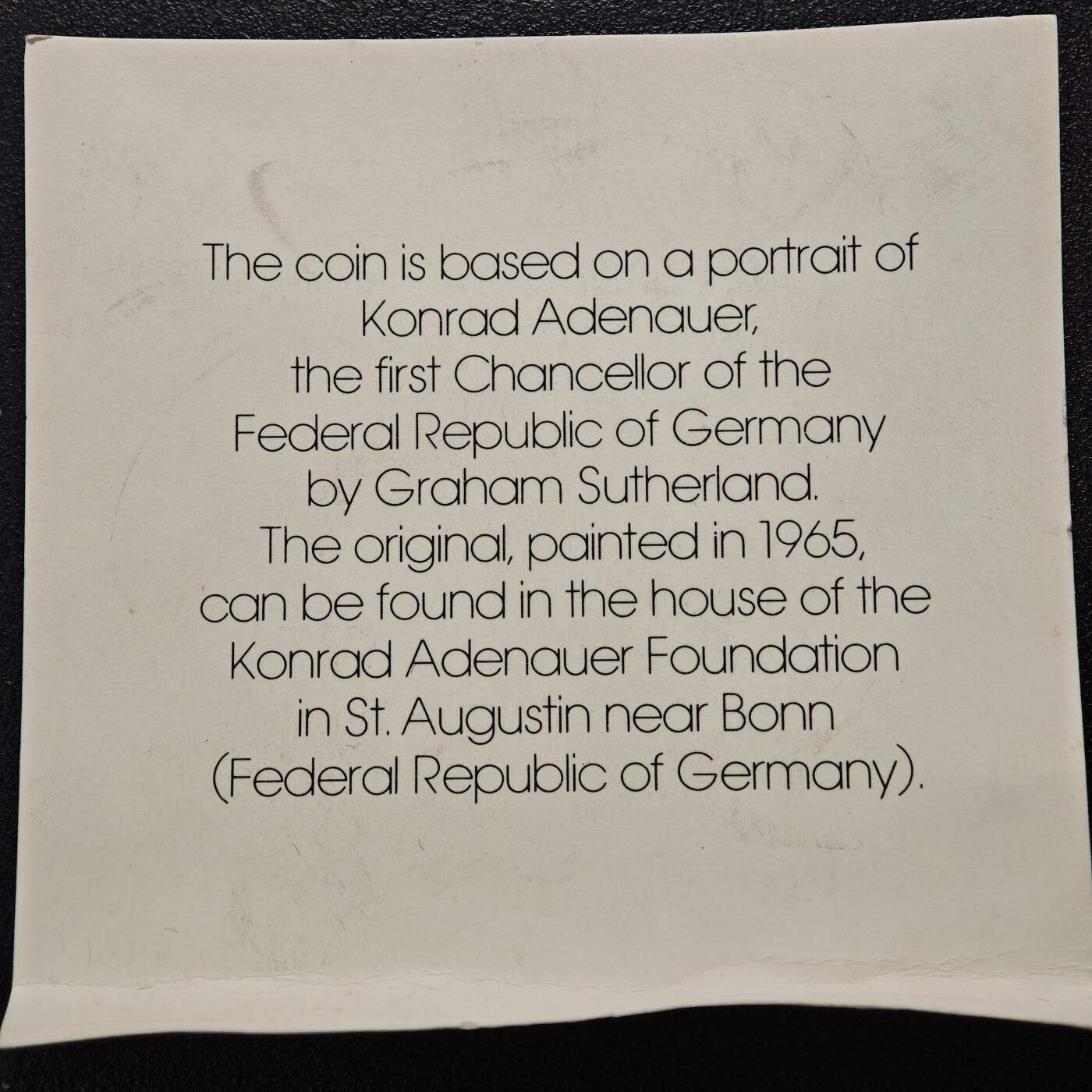 【德藏】世界币章拍卖第159期(元旦专场拍卖) 1967年 德国西德首任总理康拉德·阿登纳精制纪念银章 直径约：40.1mm；重约：23.9g 原盒 带说明卡