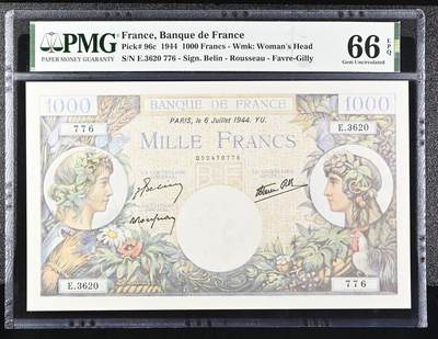 🐍甜小邱世界纸币收藏🐍第138期精品场💐 -  PMG66 法国 1000法郎 1944