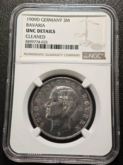 【德藏】世界币章拍卖第159期(元旦专场拍卖) - 1909年 德国巴伐利亚奥托3马克银币 NGC UNC 未流通状态