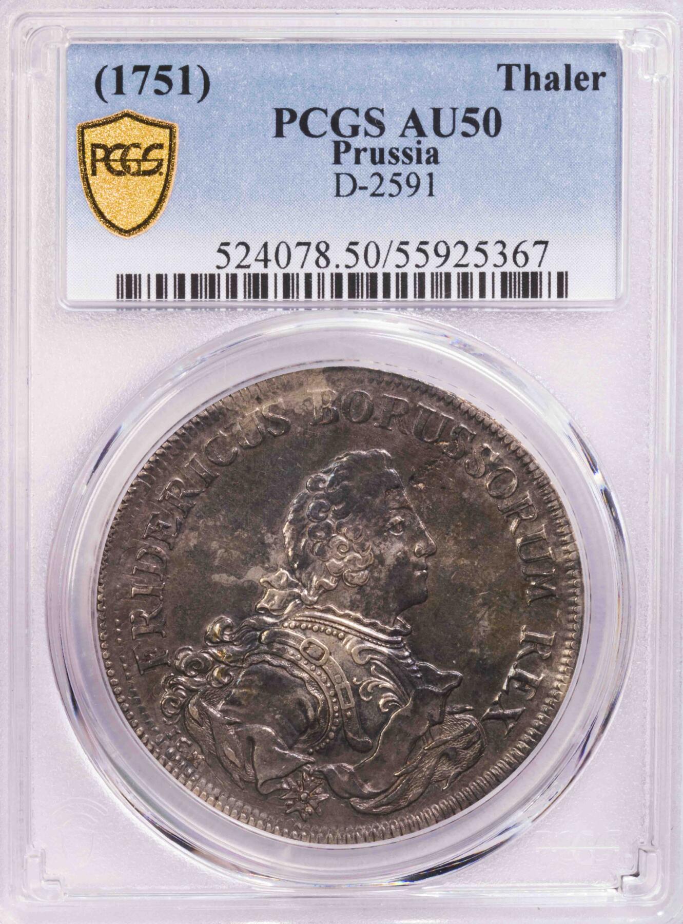 PCGS-AU50 1751普鲁士东方贸易泰勒老味道深打