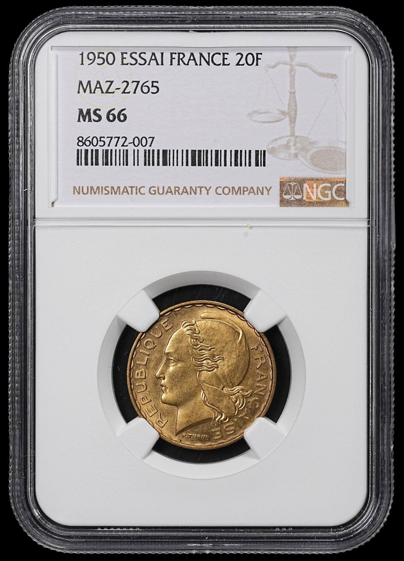 修遠堂世界钱币第九十九期 NGC MS66 1950年法国20法郎样币 ESSAI