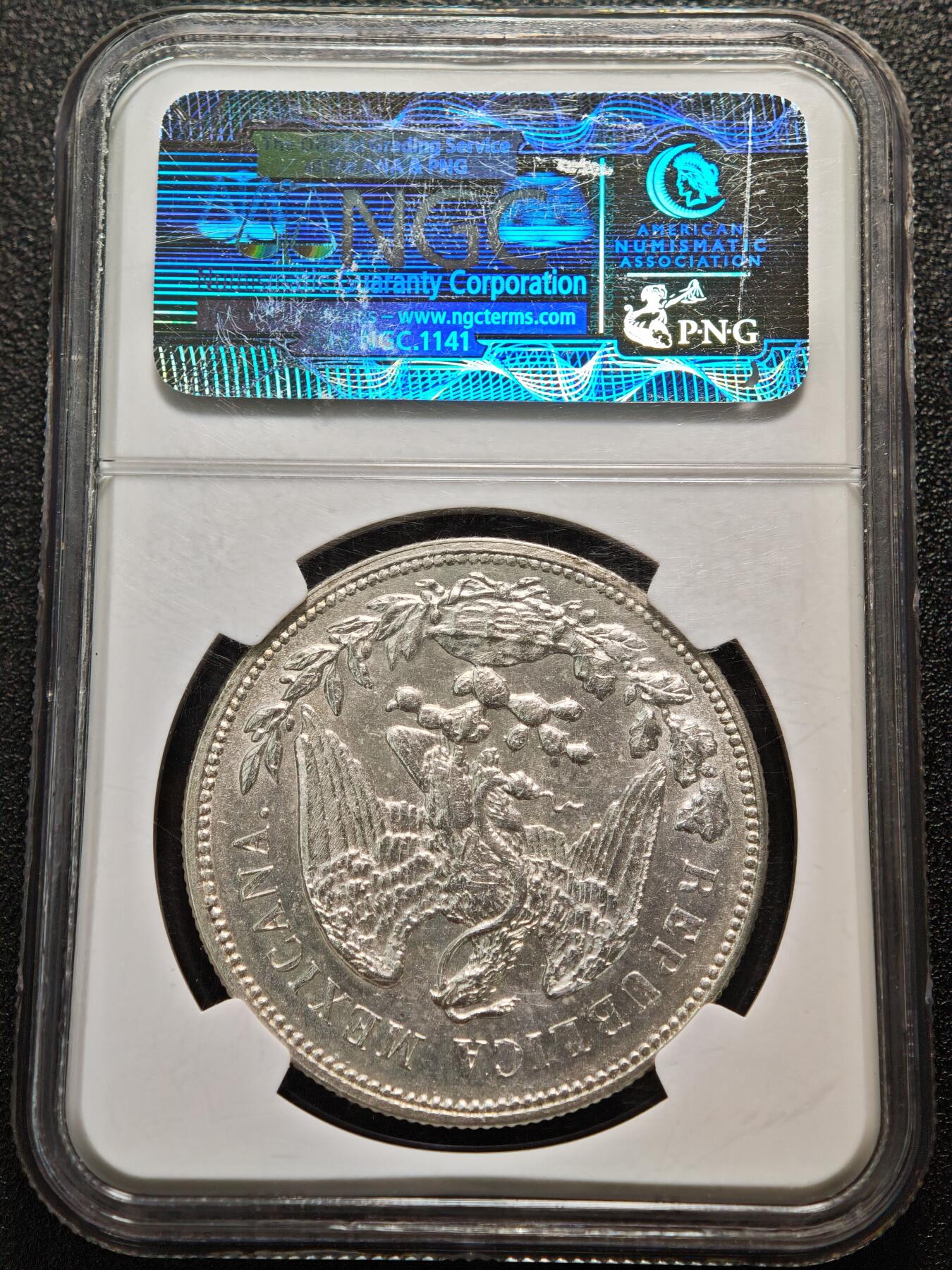 【德藏】世界币章拍卖第159期(元旦专场拍卖) 1908年 墨西哥直边鹰洋1比索银币 NGC MS61 原光十足