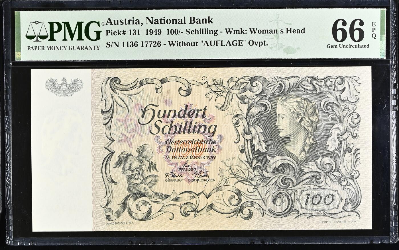 🐍甜小邱世界纸币收藏🐍第138期精品场💐 PMG66 奥地利 100先令 美人鱼，经典品种，该分数非常罕见 1949