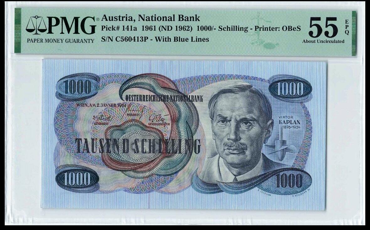 【Blue Auction】世界纸币精拍第769期——18级TOP拍卖/信誉/品质/专业/高效💫 【无47】奥地利 1961年1000先令 卡普兰 PMG55EPQ 原票 经典品种