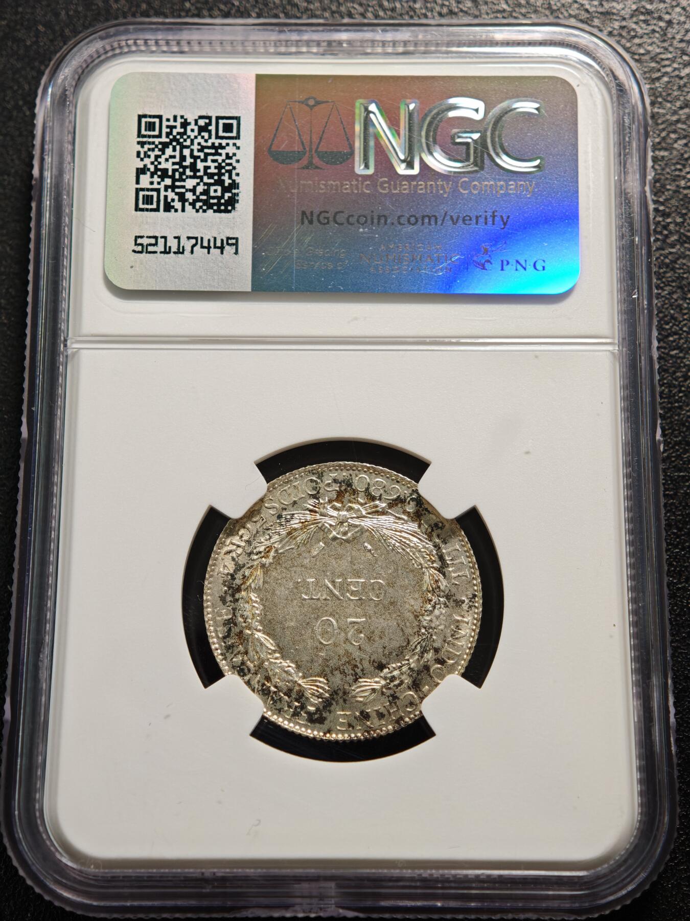 【德藏】世界币章拍卖第159期(元旦专场拍卖) 1937年 法属印度支那坐洋20分银币 NGC MS65 淡彩包浆