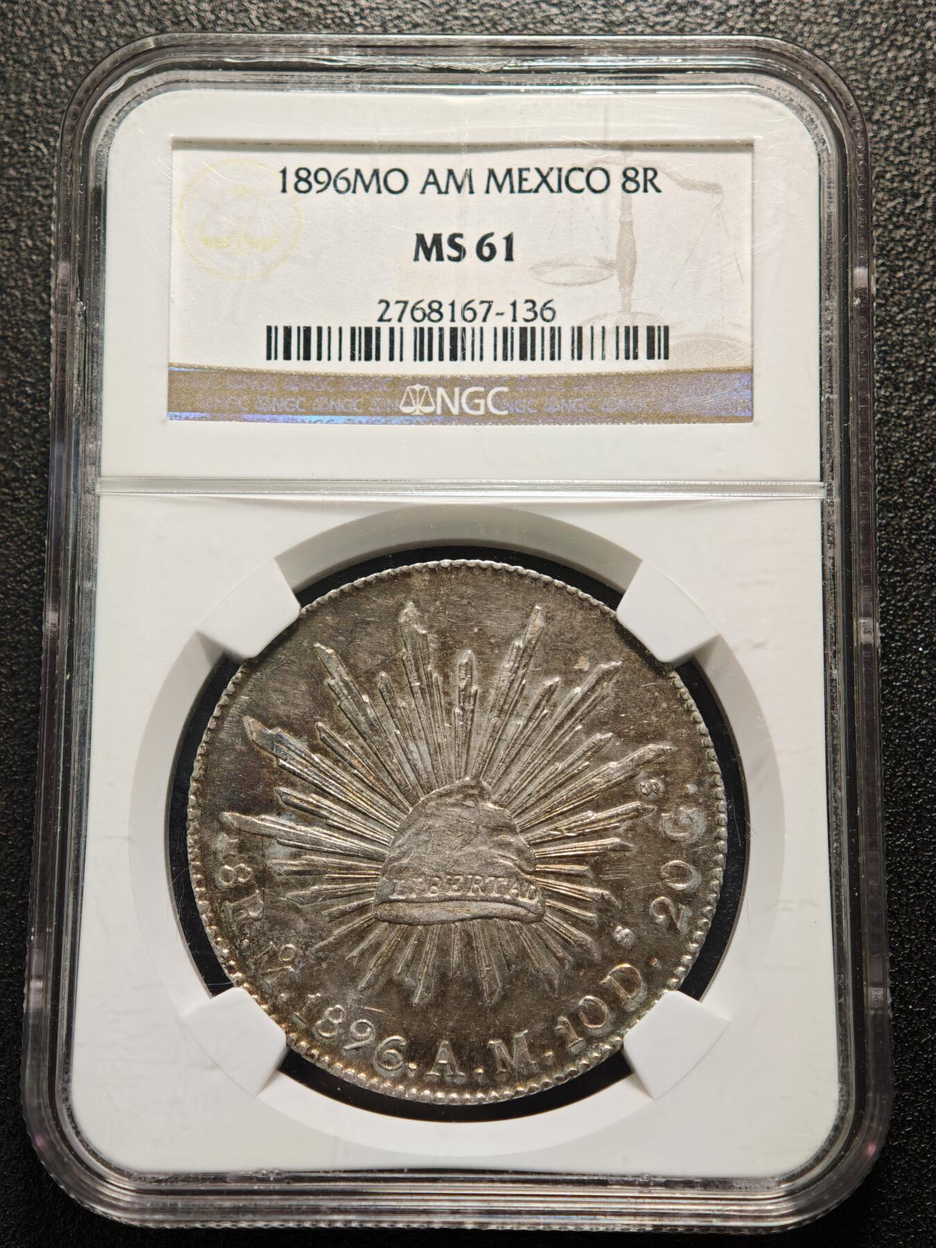 【德藏】世界币章拍卖第159期(元旦专场拍卖) 1896年 墨西哥花边鹰洋8瑞尔银币 NGC MS61 深彩包浆