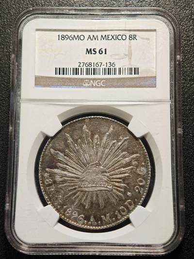 【德藏】世界币章拍卖第159期(元旦专场拍卖) - 1896年 墨西哥花边鹰洋8瑞尔银币 NGC MS61 深彩包浆