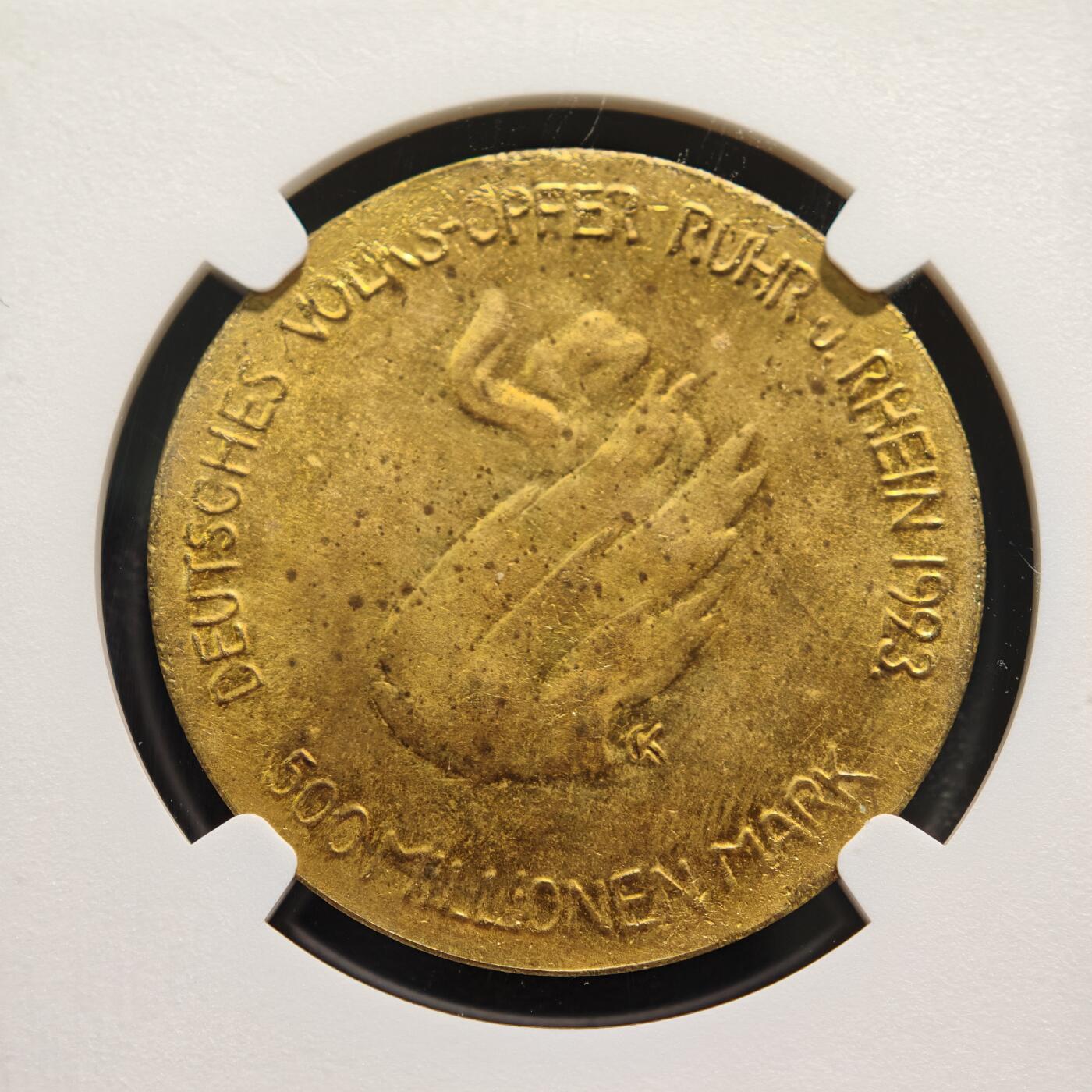 【德藏】世界币章拍卖第159期(元旦专场拍卖) 1923年 德国德紧时期鲁尔与莱茵地区5亿马克镀金铜币 名家卡尔歌茨作品 NGC MS63 原光十足