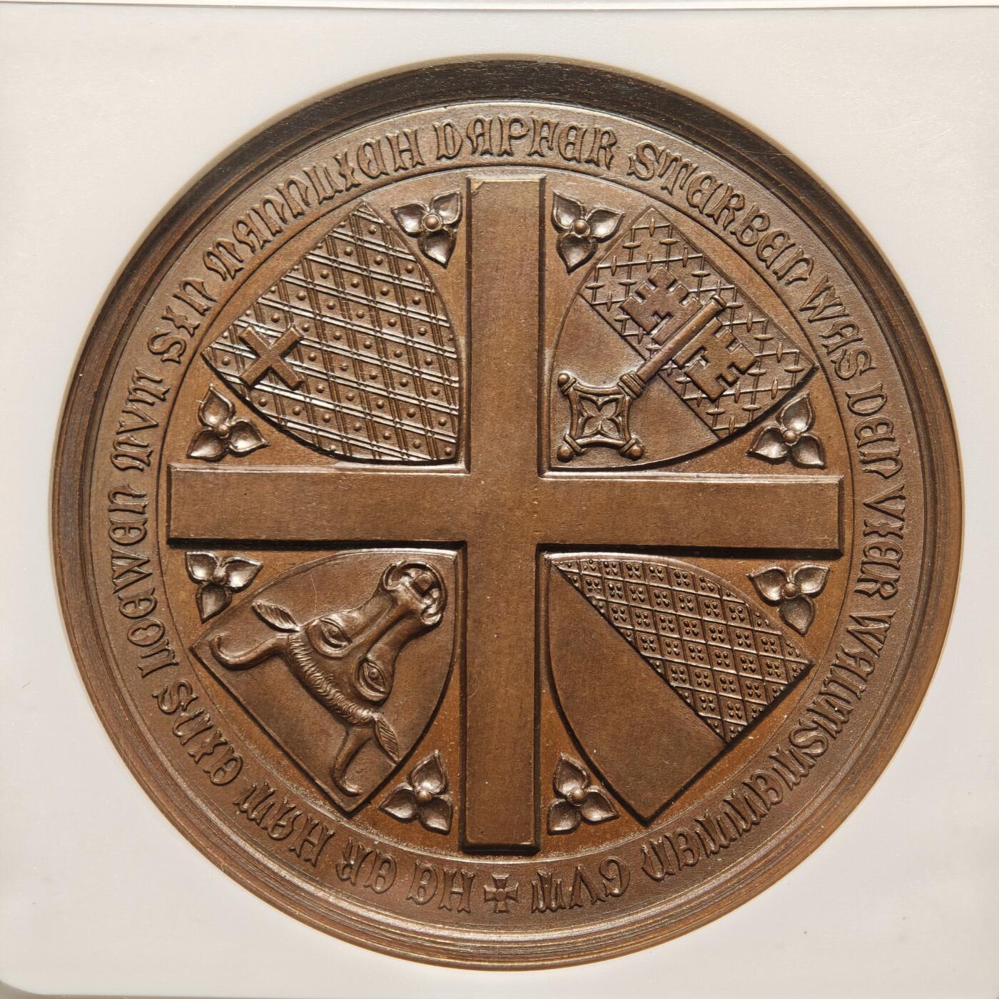 【德藏】世界币章拍卖第159期(元旦专场拍卖) 1886年 瑞士森帕赫战役600周年高浮雕纪念铜章 NGC MS64BN 包浆温润 立体感极强 细节极其丰富