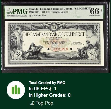 【Blue Auction】世界纸币精拍第769期——18级TOP拍卖/信誉/品质/专业/高效💫 【唯一冠军分罕见 早期大票幅版】加拿大 1917年10元 墨丘利 丰收女神等众神雕刻精美PMG66EPQ 样钞 大票幅视觉效果远胜1935版 值得收藏