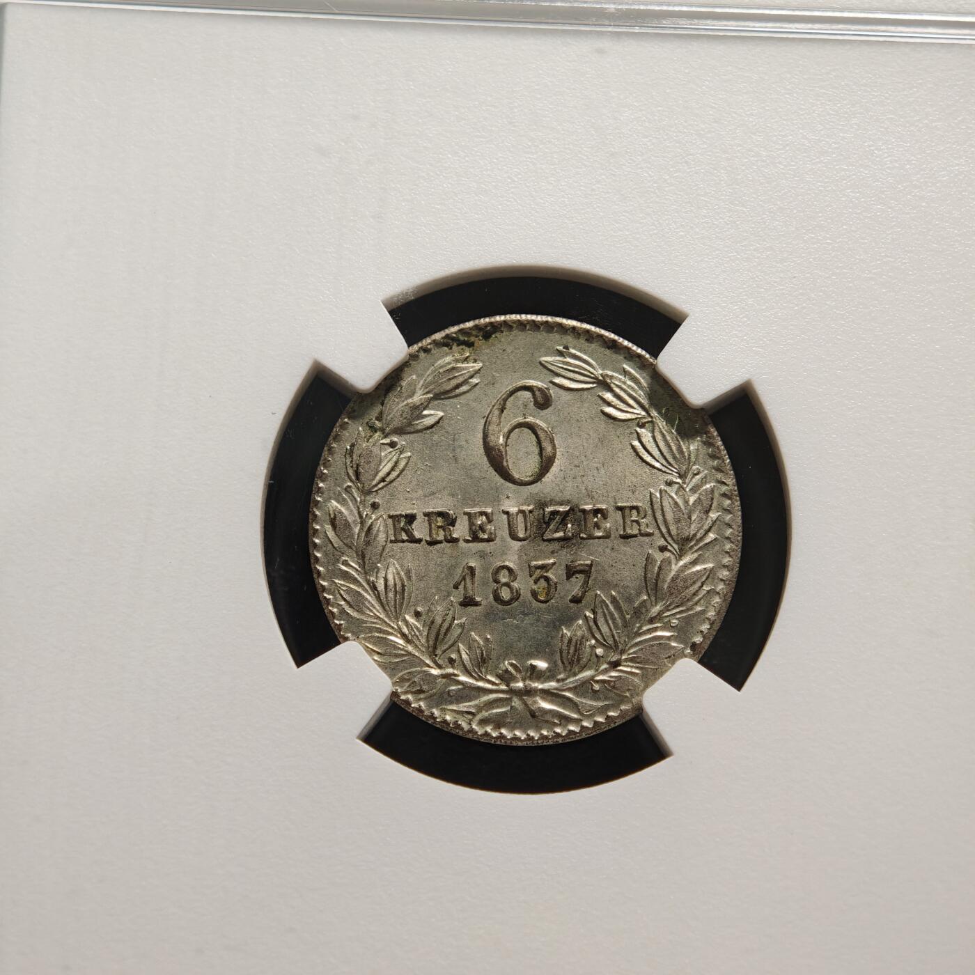 【德藏】世界币章拍卖第159期(元旦专场拍卖) 1837年 德国拿骚公国6克罗伊泽银币 NGC MS65 图案清晰 状态极佳