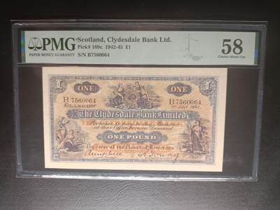 2026首期，总第211期 - 苏格兰克莱斯戴勒银行1942年1镑PMG58分，稀有早期战时品种