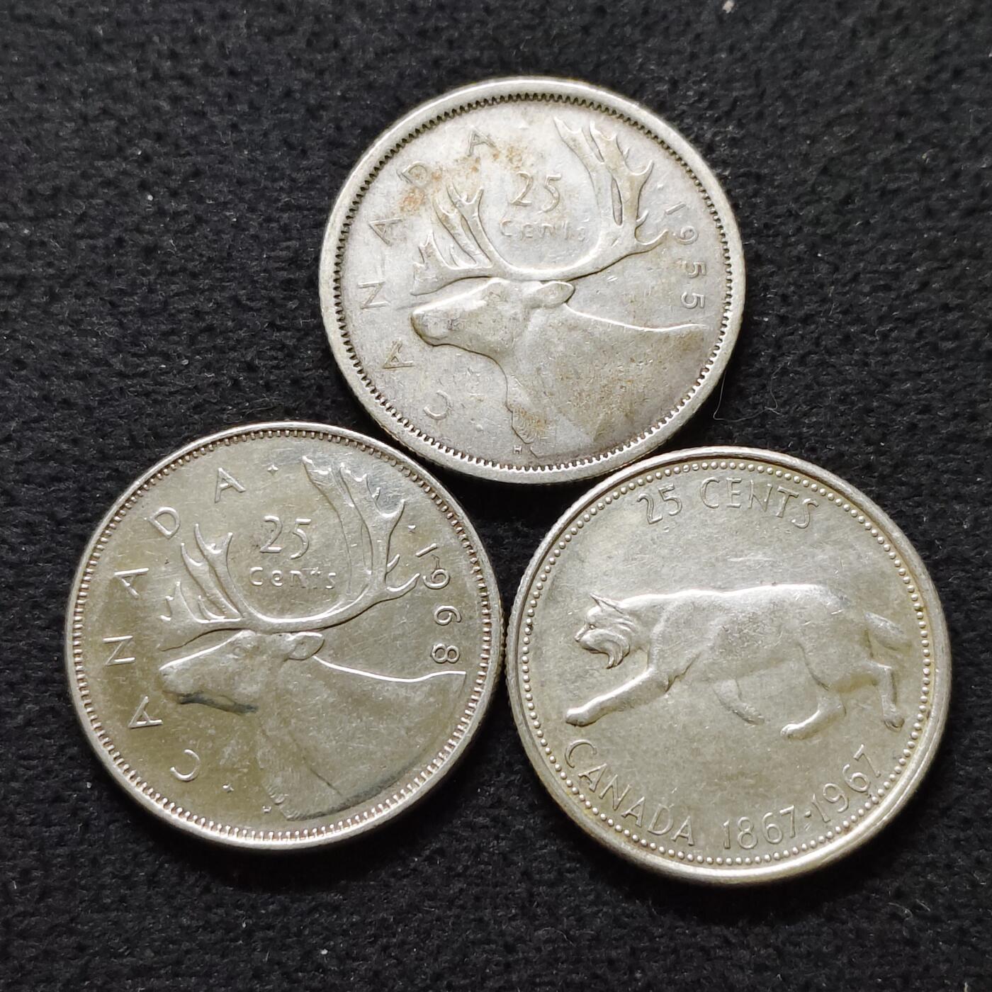 【全场包邮】纯粹捡漏拍490场（免费代拍第27场） 加拿大各年份女王25分（24毫米5.83克）银币（合计17.49克）-含联邦百年纪念银币