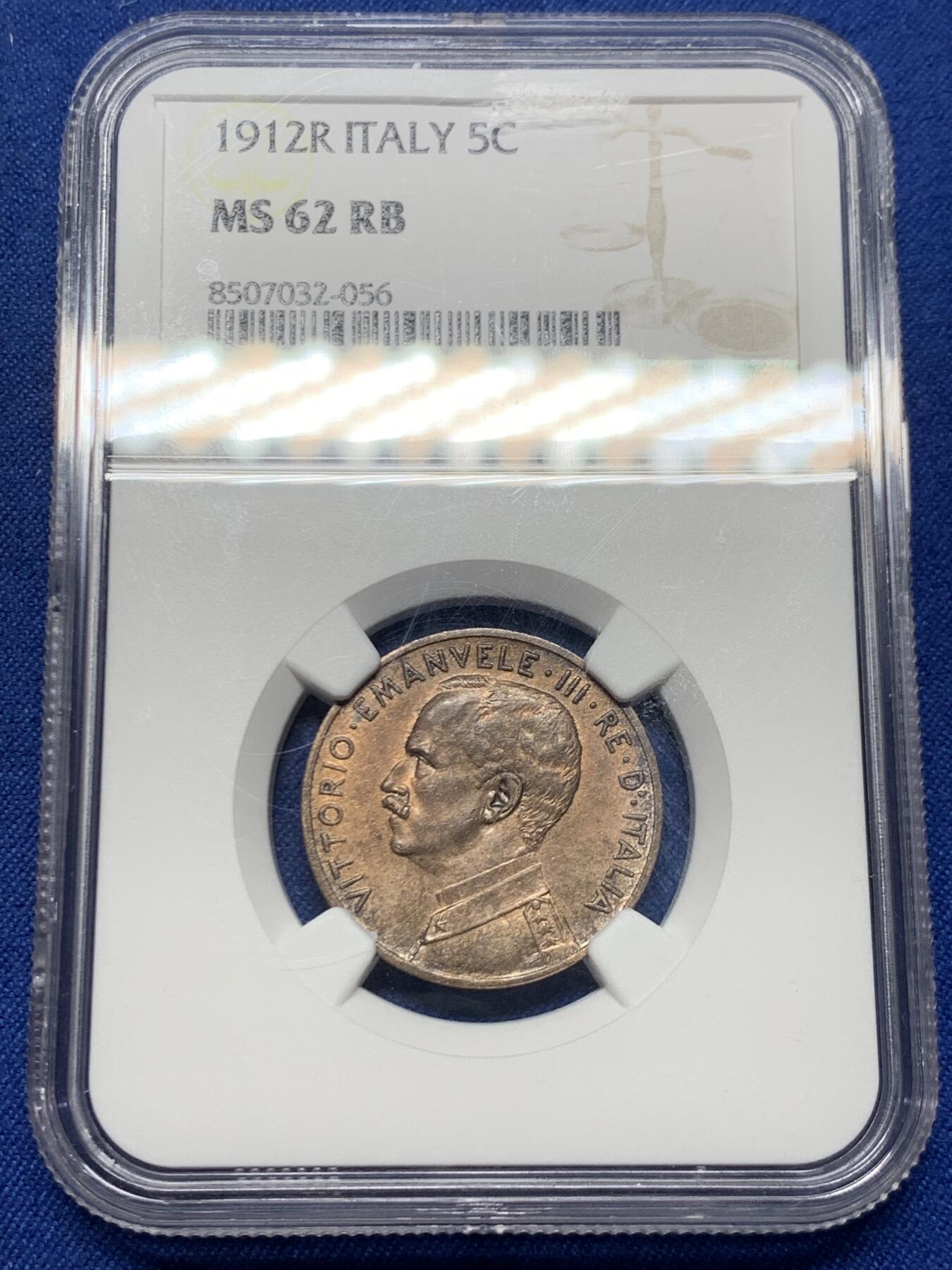 《竞宝斋》第452场 周日，周一 2场连拍 （全场包邮，欢迎送拍） NGC MS62BN 意大利1912年5分拿花铜币，少见年份（特年）书价高，在200美元左右。