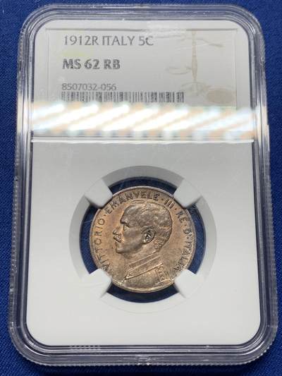 《竞宝斋》第452场 周日，周一 2场连拍 （全场包邮，欢迎送拍） - NGC MS62BN 意大利1912年5分拿花铜币，少见年份（特年）书价高，在200美元左右。