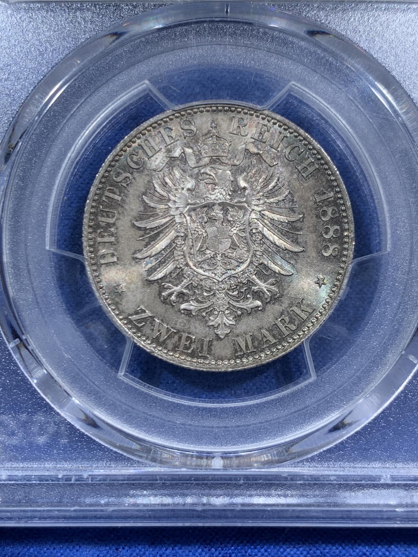 《竞宝斋》第452场 周日，周一 2场连拍 （全场包邮，欢迎送拍） PCGS MS66 德国 1888年 三皇之年弗里德里希三世皇帝2马克银币，超高分，包浆十分优美，收藏一步到位，细节见图