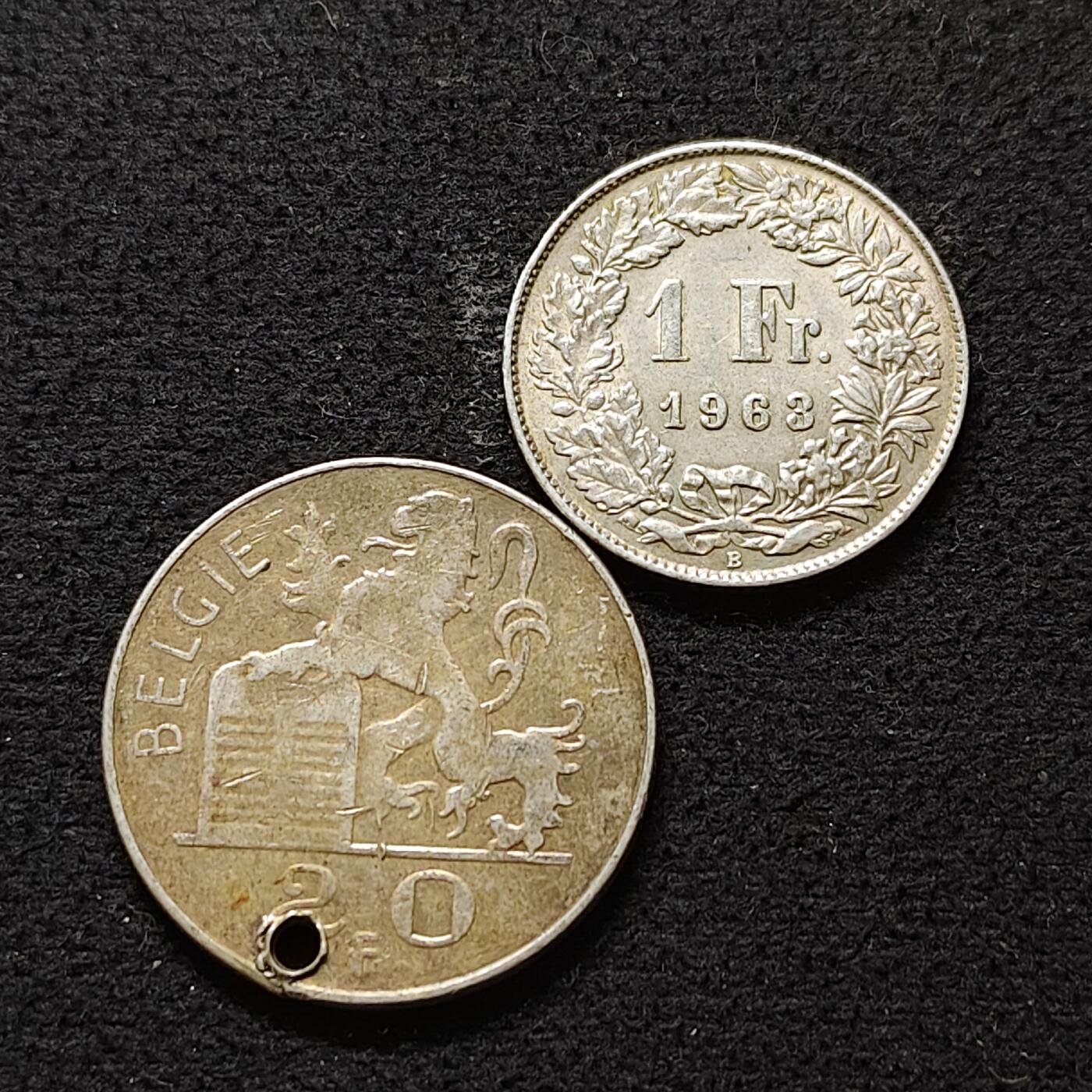 【全场包邮】纯粹捡漏拍490场（免费代拍第27场） 欧洲老银币枚一组-瑞士1法郎（5克）+比利时20法郎（8克）-共计13克