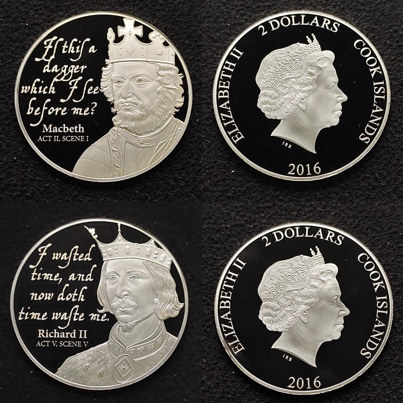 【全场包邮】纯粹捡漏拍491场（免费代拍第28场） 【稀少】库克群岛2016年2元莎士比亚笔下的国王们精制（38.61毫米8克）纪念银币8枚全套（共计64克）-盒证全-量1616