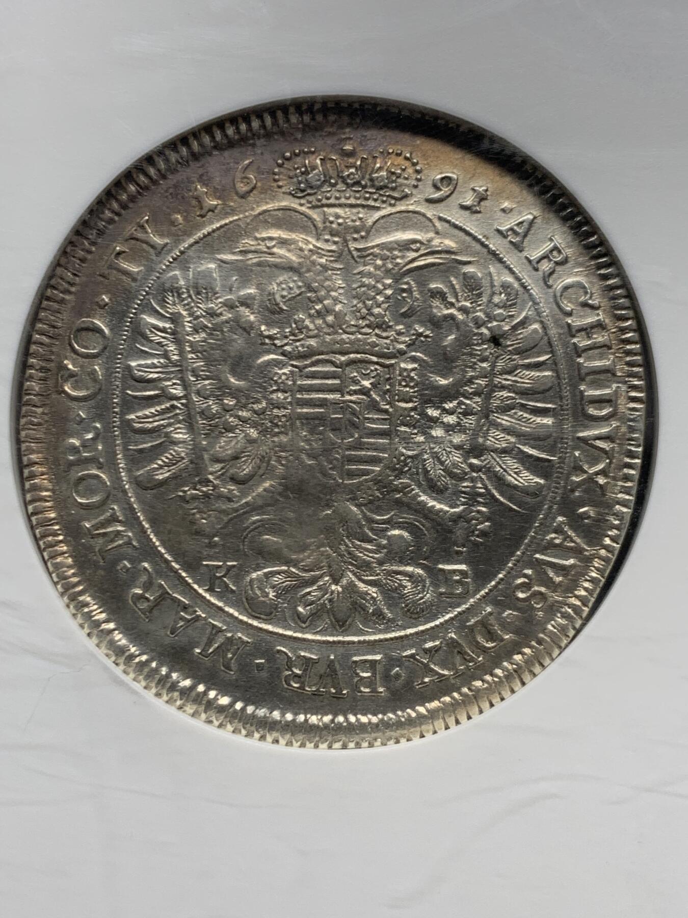 《竞宝斋》第452场 周日，周一 2场连拍 （全场包邮，欢迎送拍） NGC AU 神圣罗马帝国 1691 稀少匈牙利版 利奥博德一世大泰勒 超常规尺寸大盒封装 大波浪经典品种