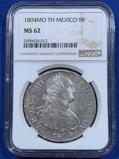 《竞宝斋》第452场 周日，周一 2场连拍 （全场包邮，欢迎送拍） - NGC MS62 西属墨西哥1804年卡洛斯四世8里亚尔银币，人像状态非常好，底板略带PL质感。