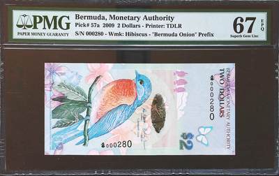 世界靓号纸钞第七十九期 - 2009年百慕大2元 稀少洋葱冠 小号 百位号280号 全偶数 PMG67 2009年IBNS世界最佳纸币