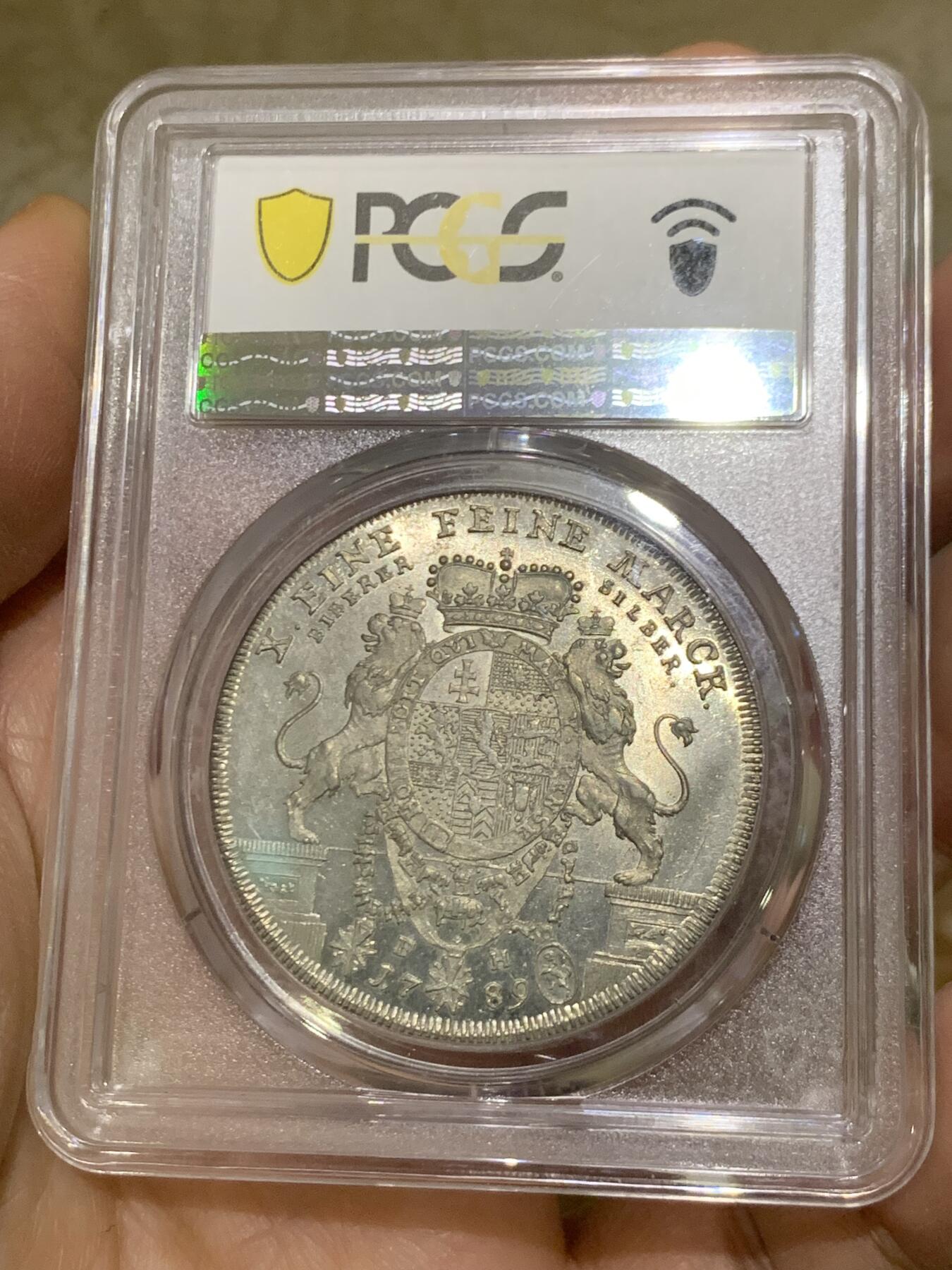 《竞宝斋》第452场 周日，周一 2场连拍 （全场包邮，欢迎送拍） 冠军分 PCGS MS64 德国 1789  黑森-卡塞尔 泰勒大银币 PL底板 丝滑感受 这个状态已无所求