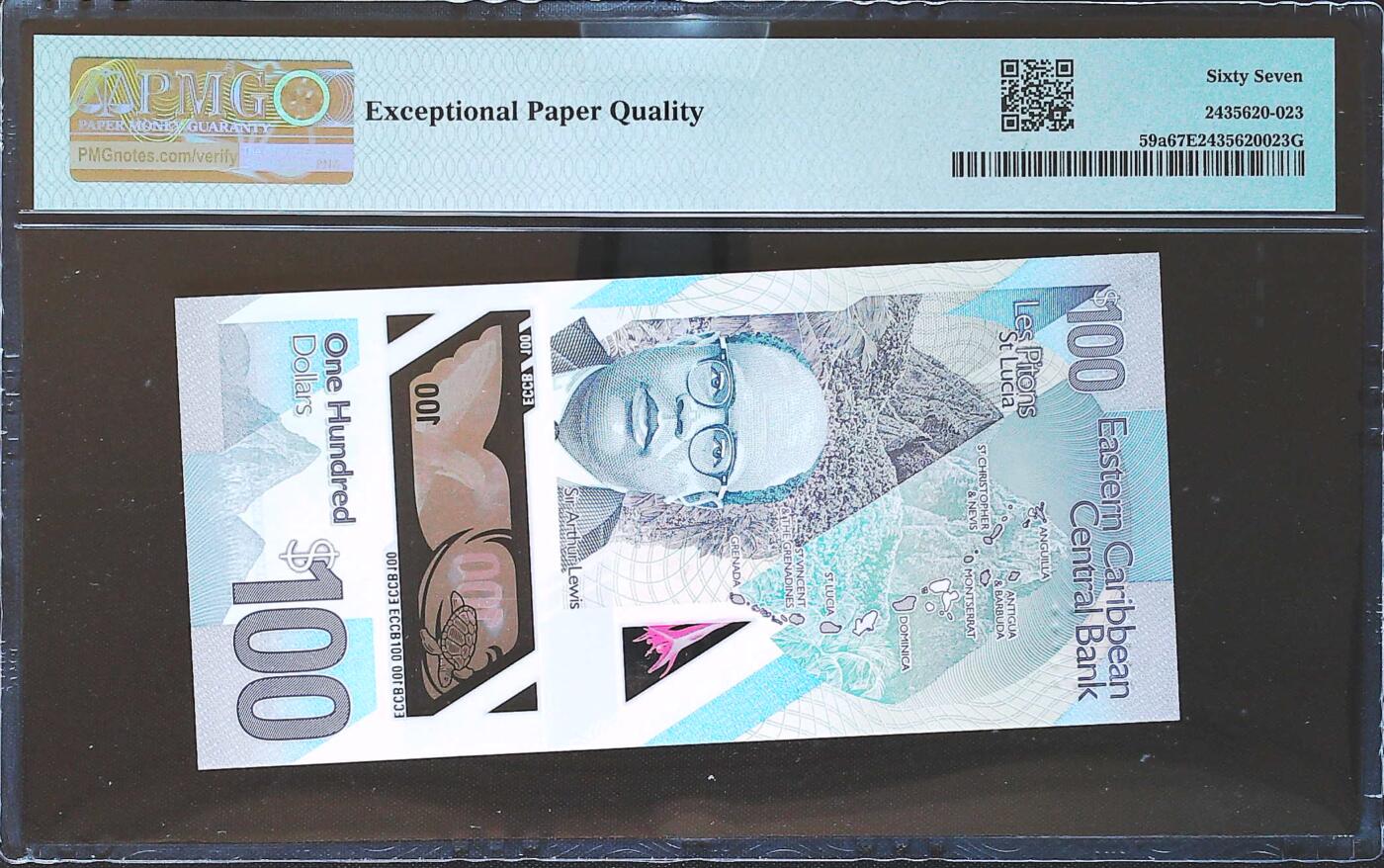世界靓号纸钞第七十九期 2019年东加勒比100元 全程无4 豹子号000 PMG67