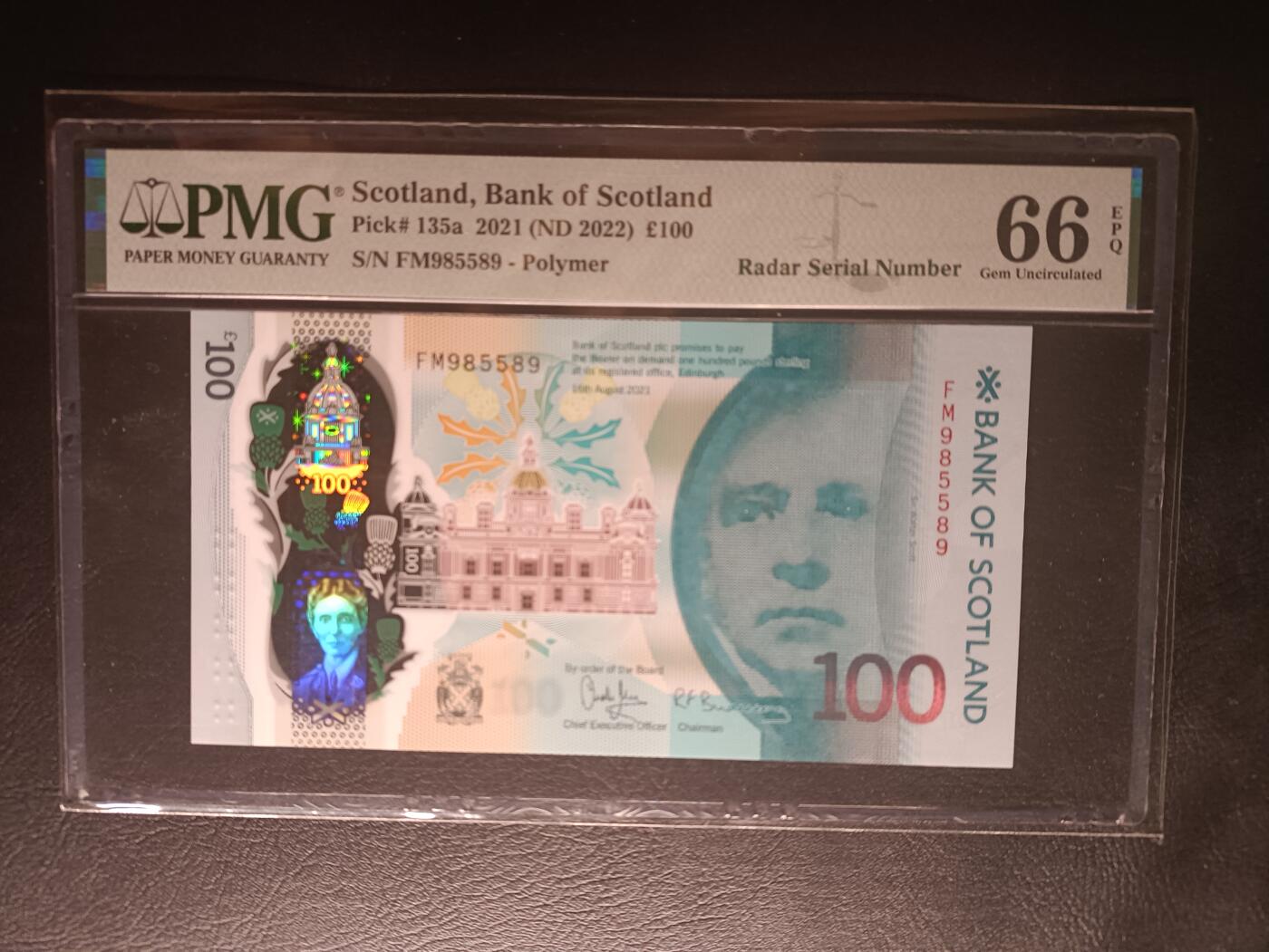 2026首期，总第211期 苏格兰银行2021年100镑PMG66epq雷达号无47，最高面值，诗人沃尔特斯科特和一战时苏格兰医疗志愿队队长穆莱