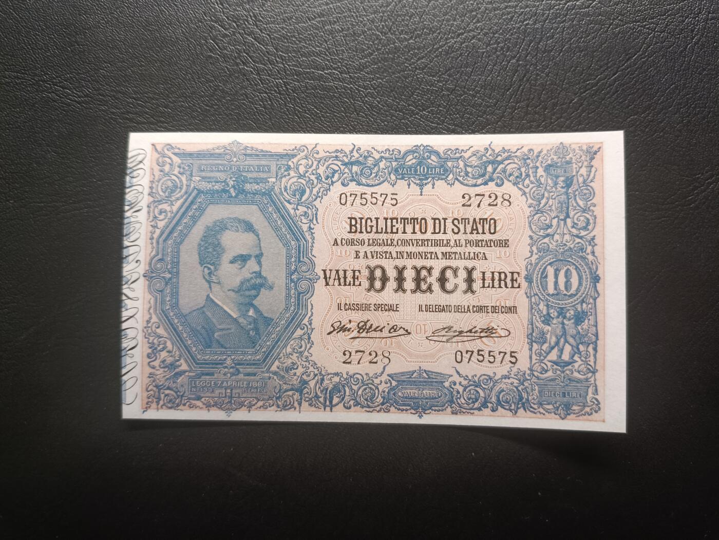 2026首期，总第211期 意大利1915年10里拉UNC-，稀有错版背面背逆版本，一战时期发行的代替金属货币的纸币替代品