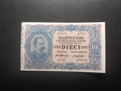 2026首期，总第211期 - 意大利1915年10里拉UNC-，稀有错版背面背逆版本，一战时期发行的代替金属货币的纸币替代品