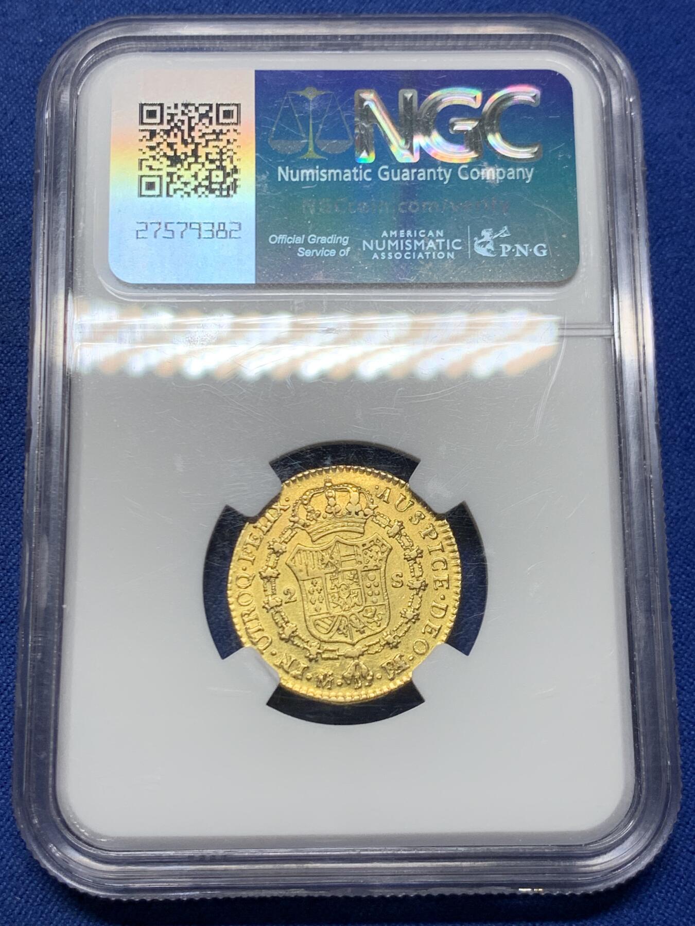 《竞宝斋》第452场 周日，周一 2场连拍 （全场包邮，欢迎送拍） NGC XF45 西班牙1804年卡洛斯四世2埃斯库多金币 875金 6.7克