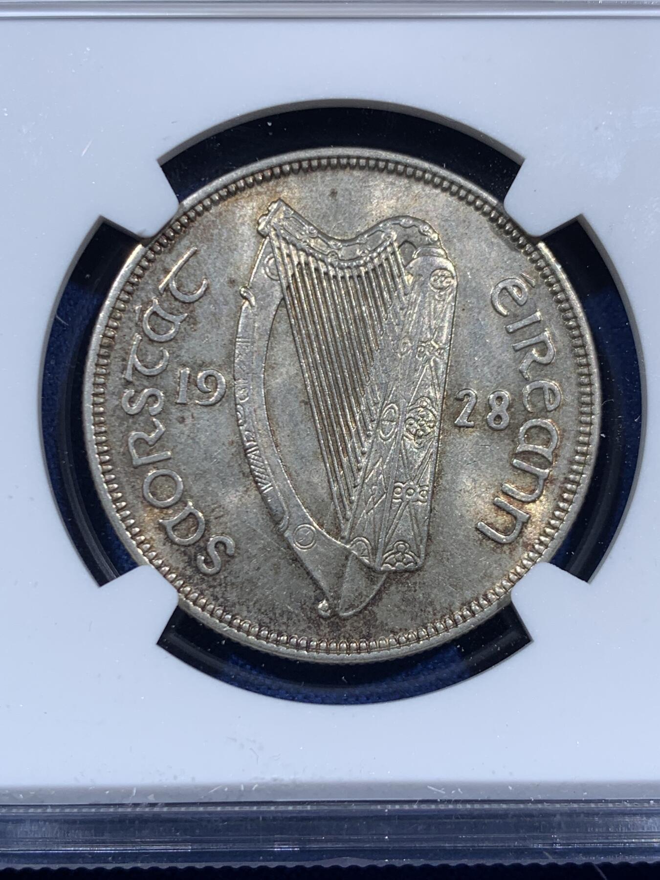 《竞宝斋》第452场 周日，周一 2场连拍 （全场包邮，欢迎送拍） NGC MS61 爱尔兰1928年半克朗银币，爱尔兰独立后首套铸币的最大面值银币