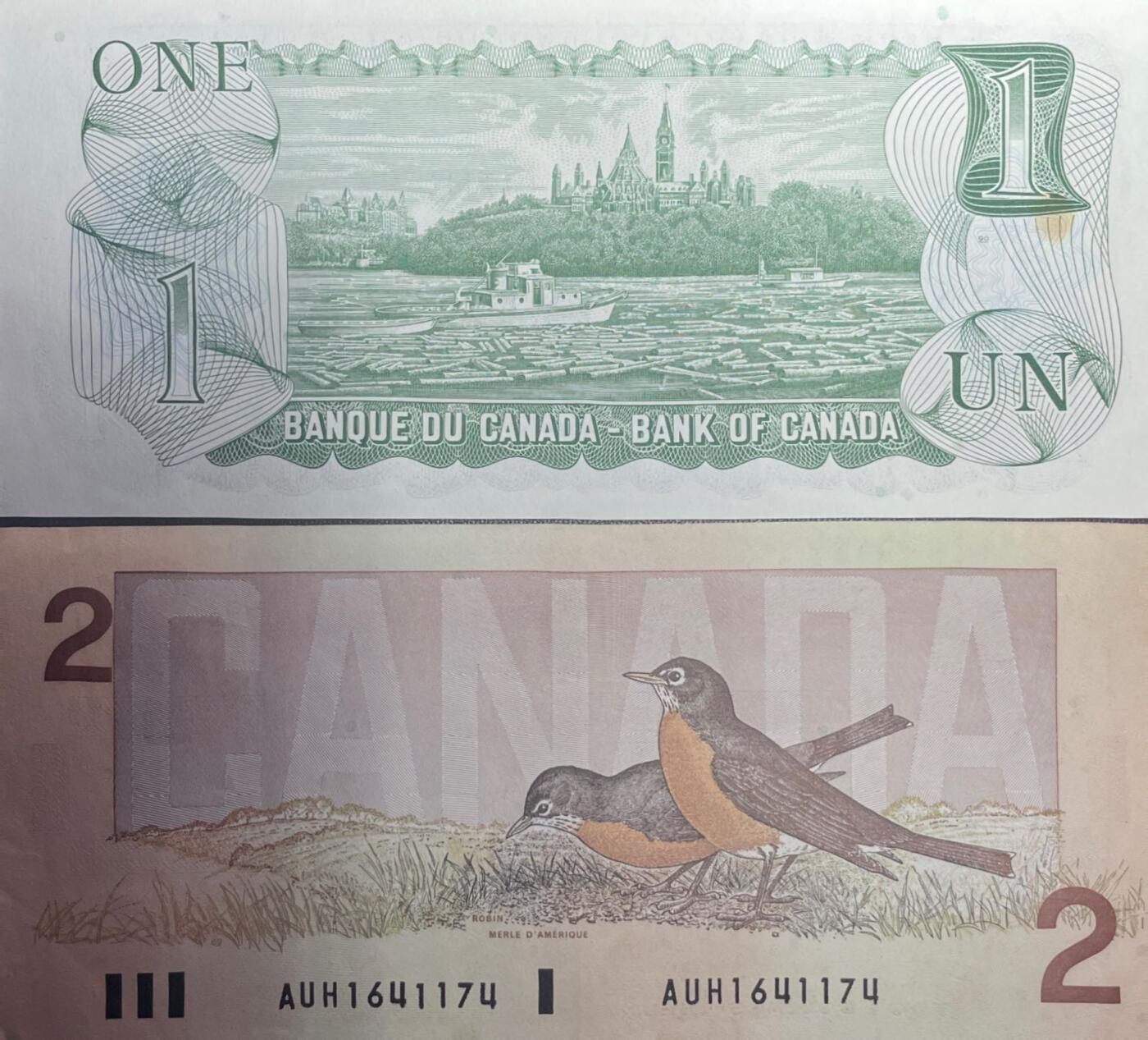 回流1228 加拿大1、2加元纸币两枚