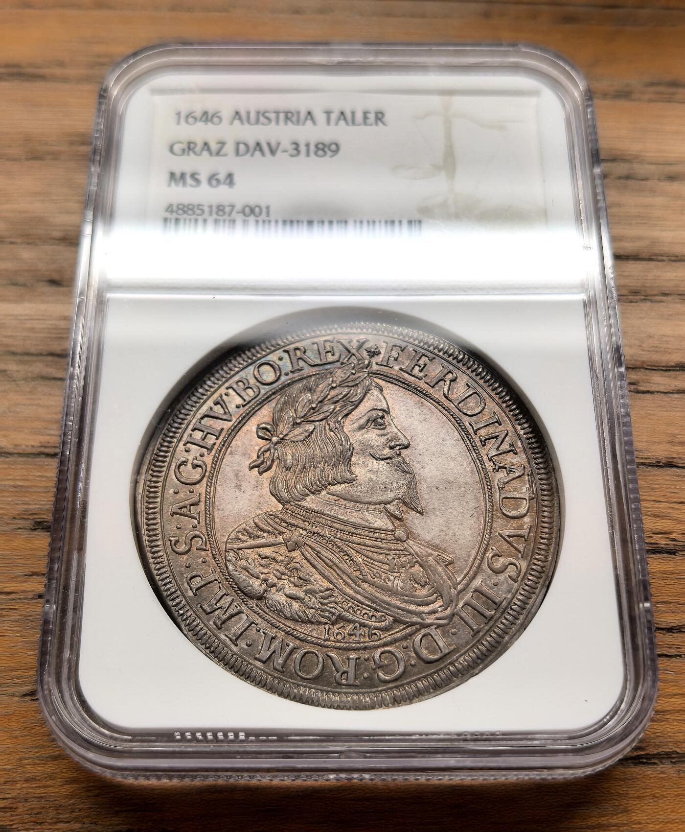 凡希社世界钱币微拍第三百十六期 荐！1646神罗斐迪南三世桂冠像泰勒大银NGC-MS64，品相卓越的藏家之选！N亚军分，只要一枚更高分，实物带一抹淡紫金彩，别致而富有韵味，神罗资深藏家不可错失的美物。（附视频）