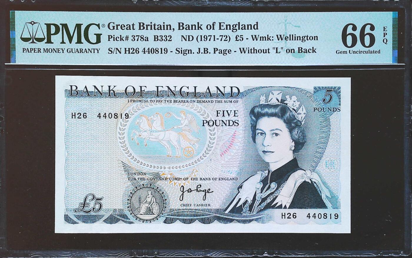 世界靓号纸钞第七十九期 1971年英国英格兰银行5镑 D序列 PMG66