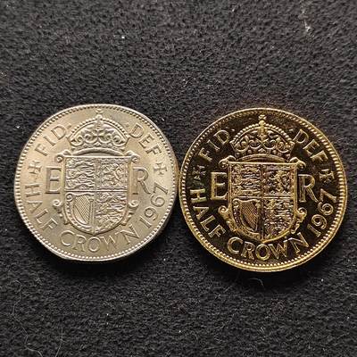 【全场包邮】纯粹捡漏拍490场（免费代拍第27场） - 英国1967年女王半克朗2枚一组-含1枚镀金版