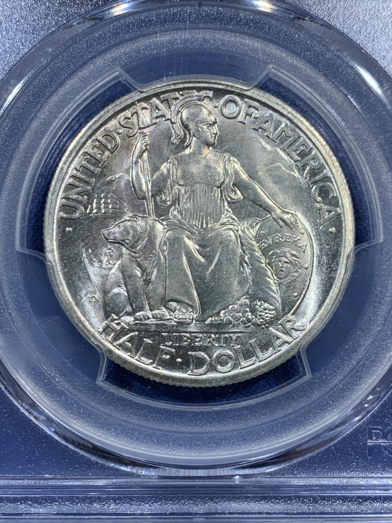 《竞宝斋》第452场 周日，周一 2场连拍 （全场包邮，欢迎送拍） PCGS MS65 美国 1935年 50美分，圣地亚哥纪念银币，35周年纪念评级盒