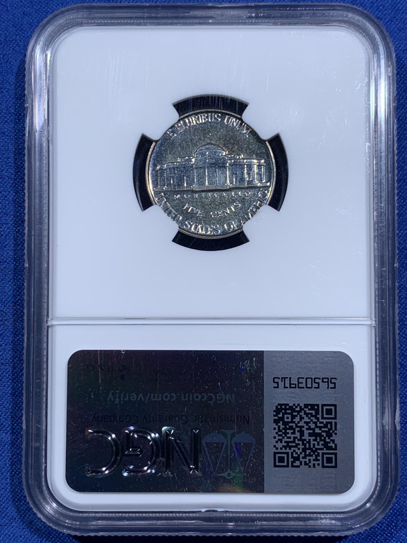 《竞宝斋》第452场 周日，周一 2场连拍 （全场包邮，欢迎送拍） NGC PF67 美国1957年杰斐逊5分，少见50年代早期精制版本，67分超高分。