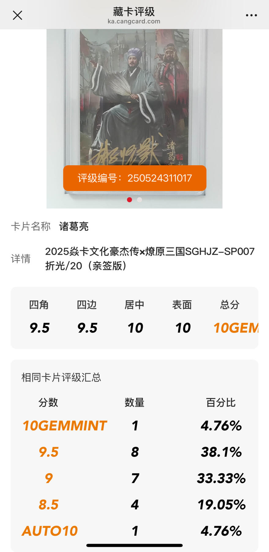 寸草不生拍卖 第十七期  唯一最高分 【亲签】焱卡文化 豪杰传 诸葛亮 SGHZ-SP007 折光17/20亲签版)