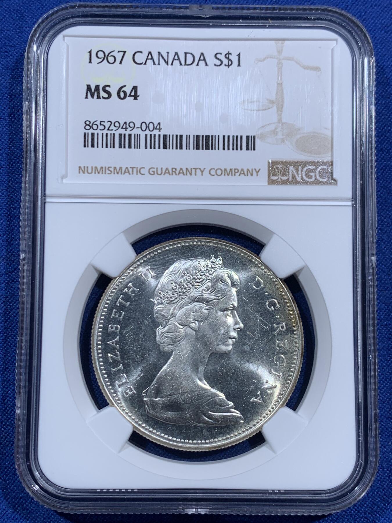 《竞宝斋》第452场 周日，周一 2场连拍 （全场包邮，欢迎送拍） NGC MS64 加拿大1967年大雁一元银币 经典工艺 光度漂亮