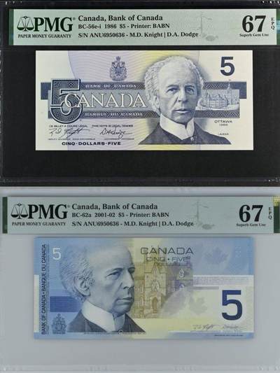 🐍甜小邱世界纸币收藏🐍第138期精品场💐 - 全同号无47靓号 新旧两版 PMG67 加拿大 5元 两张同拍！经典旅行版+鸟版