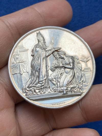 《竞宝斋》第452场 周日，周一 2场连拍 （全场包邮，欢迎送拍） - 法国1895年结婚纪念银章 大版 41.2MM 31.5g 丰饶角银标边铭