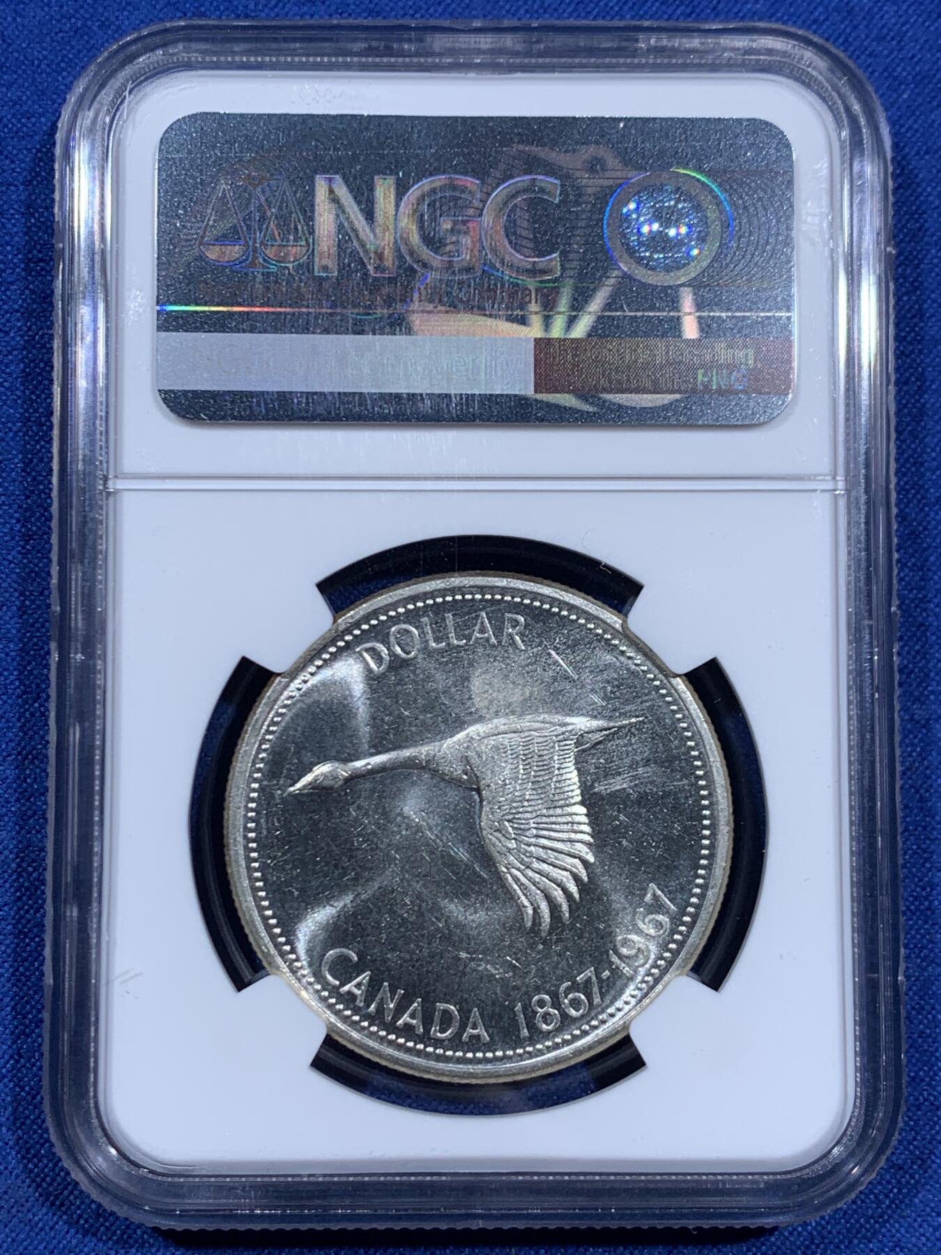 《竞宝斋》第452场 周日，周一 2场连拍 （全场包邮，欢迎送拍） NGC MS64 加拿大1967年大雁一元银币 经典工艺 光度漂亮
