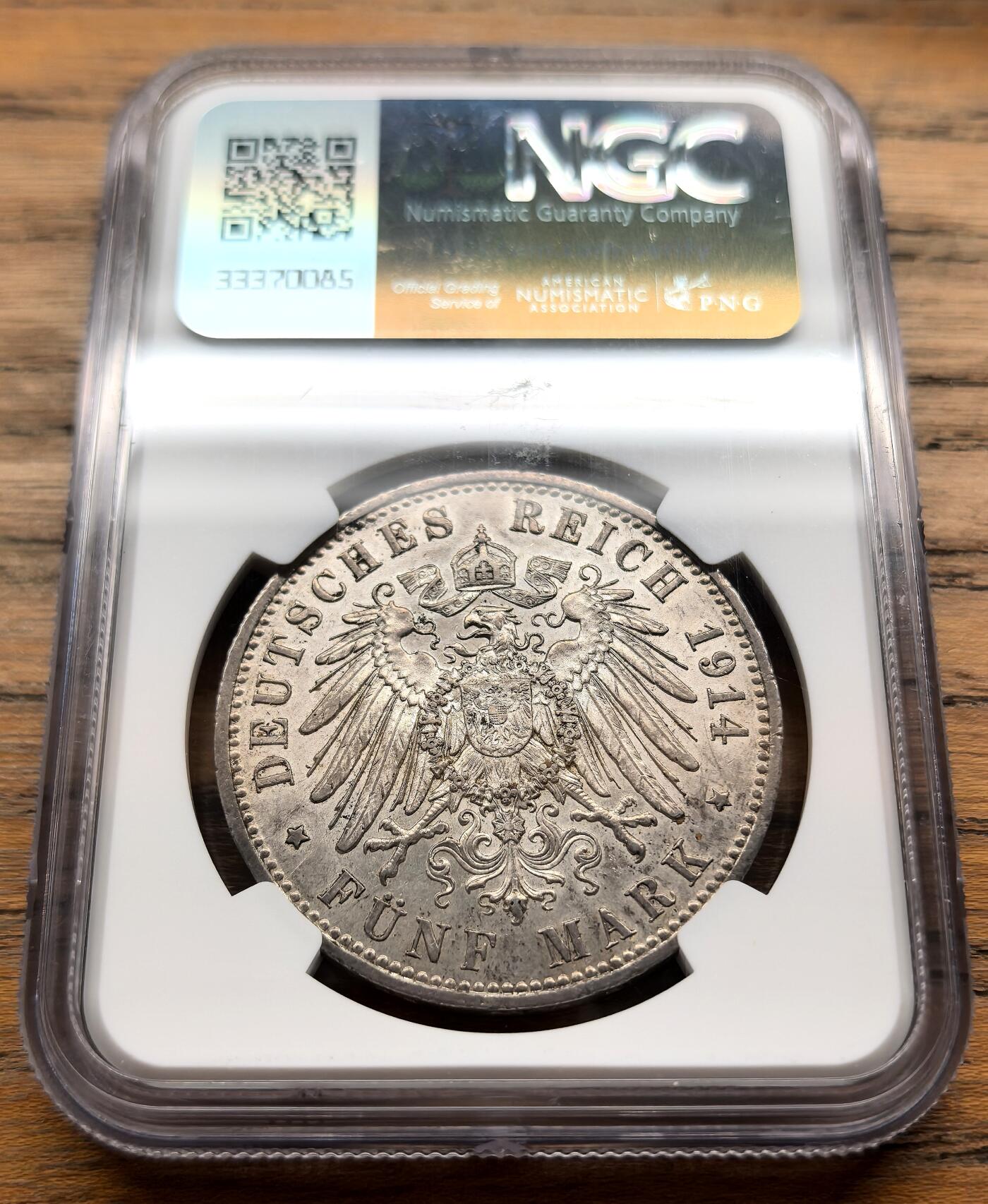 凡希社世界钱币微拍第三百十六期 1914A德国普鲁士军装5马克大银NGC-AU58