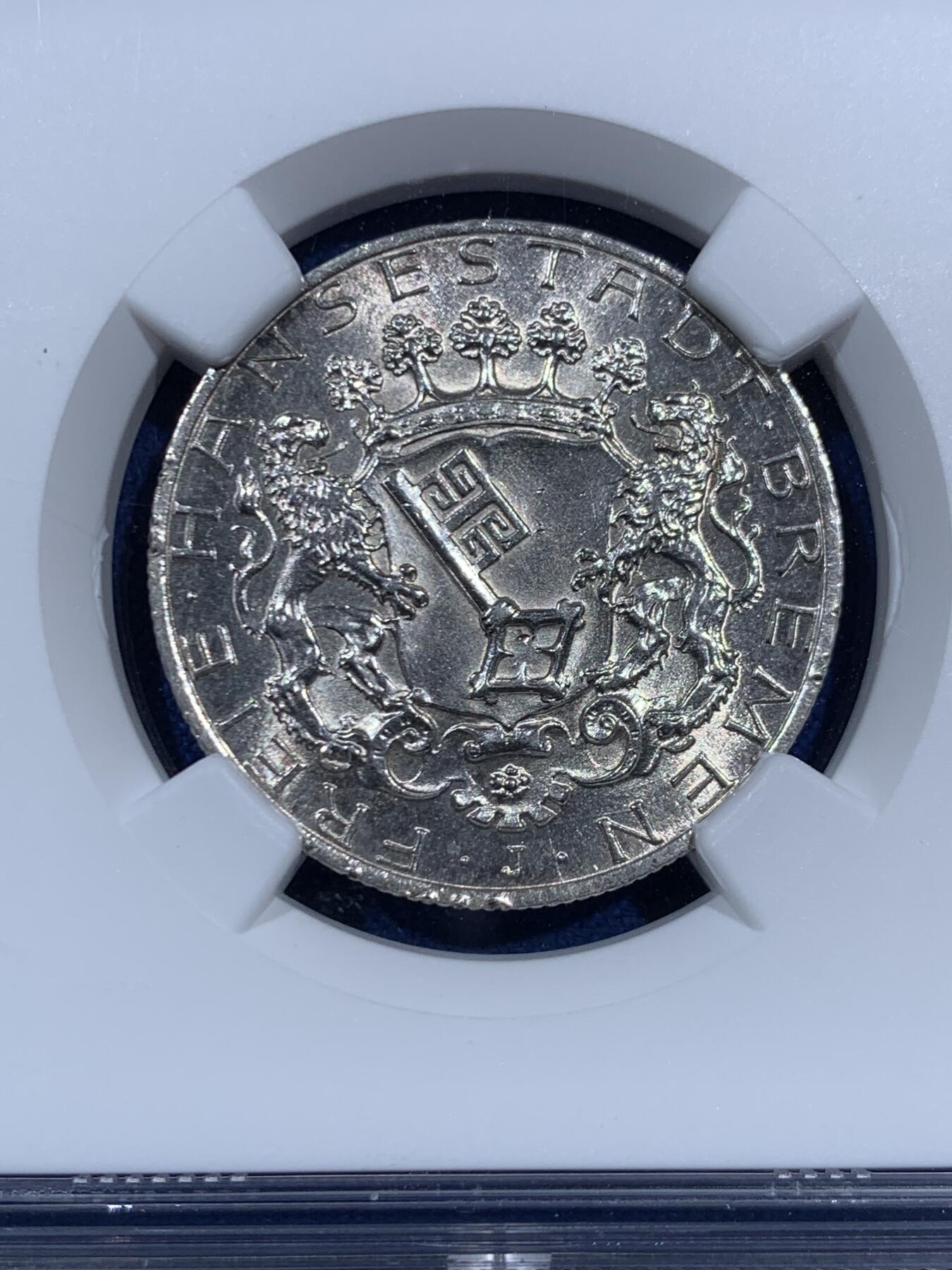 《竞宝斋》第452场 周日，周一 2场连拍 （全场包邮，欢迎送拍） NGC MS64 德国 1904年 不莱梅长翅2马克银币，少见自由市马克